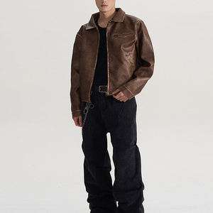 Custom Men's PU Leather <b>Jacket</b> Slim Boxy Vintage Style Embroidered Zipper Closure Brown Spring Season with Front Logo - Product Image 1