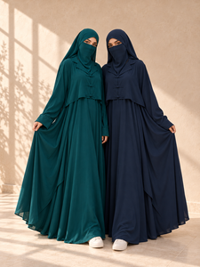 Abaya longue en mousseline rose poudré Mishkat Couture avec voile intégral, poignets à volants, extensible dans quatre directions, manches longues, pour femme, tenue islamique modeste - Product Image 2