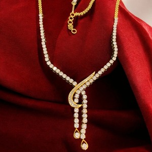 18K Yellow Gold Lab Grown Diamond Swirl Pendant <b>Necklace</b> | Luxury Wedding Crescent Moon Dangling Teardrop <b>Statement</b> <b>Necklace</b> - Product Image 3
