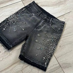 Unisex High Waist Black Denim Bermuda Shorts Crystal Rhinestone Embellishment Breathable Front Vintage Street Style Casual Pants - Product Image 5