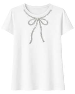 Camiseta Blanca Personalizada de Algodón para Mujer con Diseño de Lazo de Diamantes de Imitación, Manga Corta, Cuello Redondo, Estilo Casual, Top de Moda para Damas, Personalización OEM, Venta al Por Mayor - Product Image 1