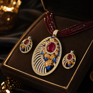 Conjunto de Collar y Pendientes de Lujo Clásico de Latón con Rodio y Circones, Borla Meenakari Roja y Azul, Regalo para Novia, Compromiso, Boda, Fiesta - Product Image 2