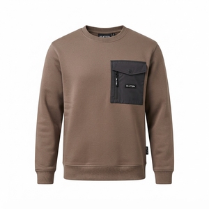 Mens <b>Brown</b> Crewneck Sweatshirt Utility Chest Pocket <b>Long</b> <b>Sleeve</b> Casual Pullover Streetwear Fashion <b>Top</b> - Product Image 3