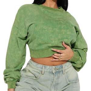 Vintage Mineral Wash Cropped Sweatshirt for Women's Custom Heavy Cotton French Terry Women's Hoodies Crewneck <b>Green</b> Spring Wear - Product Image 2