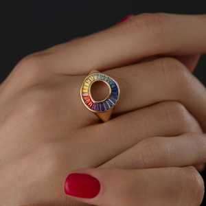 14K Solid Gold Natural Multi Color Rainbow Sapphire Baguette Sphere <b>Ring</b> 2.5mm Band Width 1 Carat Rainbow Sapphire Sphere <b>Rings</b> - Product Image 2