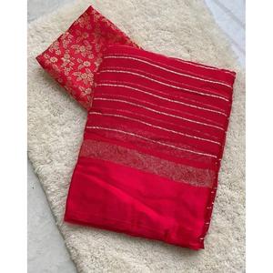 DISEÑADOR GEORGETTE ZARI TRABAJO SAREE CON BLUSA DESCOSTADA ROSA - Product Image 1