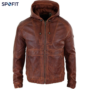 <b>Men's</b> Custom Leather Bomber Hooded <b>Jacket</b> Zipper Closure <b>Woollen</b> Silk Shell Casual Outerwear Winter Soft Breathable - Product Image 3