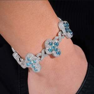 Pulsera de Plata 925 con Baño de Rodio, Diseño de Flor Estilo Hiphop de Lujo, con Cadena de Eslabones y Cristales Azules para Mujer, Uso Diario - Product Image 5