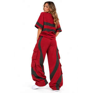 Premium Red Colorblock Cargo Sweatpants <b>Hoodies</b> Women <b>short</b> <b>Sleeve</b> T-Shirt Wide Leg Utility Tracksuit Custom GSM Fleece Factory - Product Image 2
