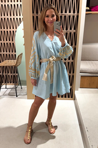 Robe longue bohème ample à col en V pour femme, bleu clair, brodée, manches 3/4, imprimé floral, à franges, été, plage, 100% coton - Product Image 5