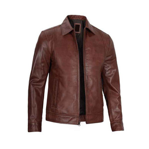 Veste moto en cuir véritable marron pour homme, col rabattu, fermeture éclair, coupe classique, couleur unie, vêtement d'automne - Product Image 2
