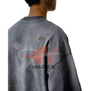 Custom logo Acid Washed 100%Cotton T-shirt Ripped Hole Distressed Metal <b>Ring</b> Accent Design Neck Baggy t Shirt for Men - Product Image 3