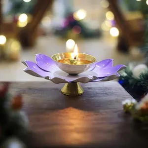 Handcrafted Brass Diya Lamp 4 Inch Art Decor Blue Lotus Base <b>Table</b> Decor Spiritual Lighting Christmas Export Quality Accessories - Product Image 5