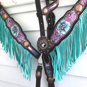 Authentic Western <b>Leather</b> Equestrian Tack Set Beautiful Floral Headstall and Breastplate Hand <b>Tooled</b> for Horse Racing Riding - Product Image 2