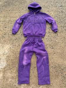 Custom Logo Vintage Distressed Applique Patch <b>Embroidery</b> Rhinestone Hoodie <b>Set</b> Acid Wash Sun Faded Oversized Tracksuits for Men - Product Image 3
