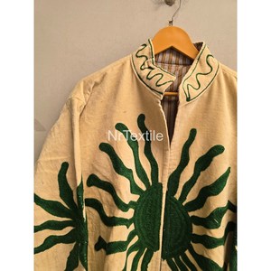 Hand Embroidered <b>Mandarin</b> <b>Collar</b> <b>Jacket</b> Full Sleeve Geometric Pattern Autumn Women's Coat Cream Green Sun Design - Product Image 6