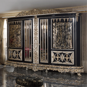 Luxury Royal Baroque Solid Mahogany <b>Wardrobe</b> <b>Large</b> Curved Black Gold Carved Closet Cabinet Premium Bedroom Furniture Design - Product Image 1
