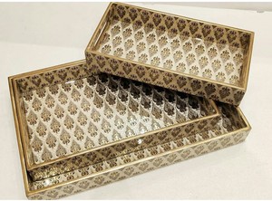 Rectangular Metal Decorative Tray With Geometric Pattern Gold Plated Traditional Design Handle Function Single Piece - Product Image 3