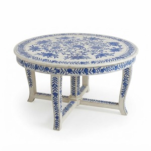Mesa de Centro Redonda de Resina con Incrustaciones de Hueso Azul, Hecha a Mano, Venta al Por Mayor, Artesanía India de Lujo para Sala de Estar - Product Image 6