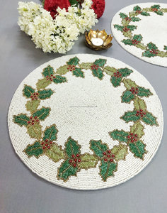 Holly HandWork <b>Beaded</b> <b>Placemat</b> Handmade Christmas Table Mat Round Holiday Charger Plate Festive Dining Table Decor - Product Image 4