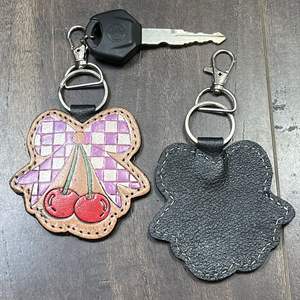 Handcrafted Hand Tooled Genuine Leather Cherry Bow Keychain Checkered Western Style Cute <b>Bag</b> <b>Charm</b> Durable Metal Ring Keychain - Product Image 6