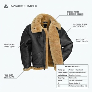 Chaqueta de Aviador Unisex de Cuero Genuino con Cuello y Puños de Piel Sintética, Cortavientos, Estilo Motero, Cierre de Cremallera - Product Image 5