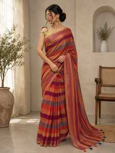 Sari Tradicional Indio de Algodón para Mujer, Largo Regular, a Rayas, para Bodas, Color Naranja, Rojo y Morado, Estilo Étnico Bollywood - Product Image 4
