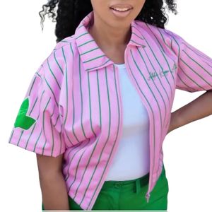 Chemise de travail rayée rose et verte pour femme, manches courtes, boutonnée, style décontracté, avec motif contrastant - Product Image 6