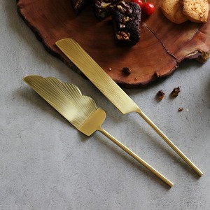 Luxury Gold Stainless Steel <b>Cake</b> <b>Server</b> and Knife Set Modern Scalloped Fan-Shaped Wedding <b>Cake</b> Cutter Set Textured Brass Finish - Product Image 3