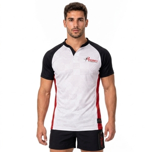 Maillot de rugby pour homme Perky International, manches courtes, ajusté, anti-transpiration, col en V, noir, rouge, blanc, imprimé par sublimation - Product Image 1