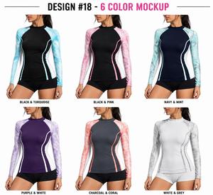 เสื้อแรชการ์ดแขนยาวสำหรับผู้หญิง ขายส่ง สีตามสั่ง สีดำพิมพ์ลายคลื่นสีน้ำเงินขาว แบบซับลิเมชั่น ป้องกันรังสียูวี สำหรับใส่ว่ายน้ำ - Product Image 6