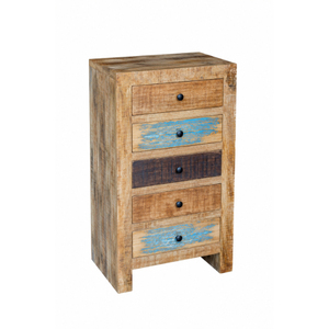 Armoire haute à 5 tiroirs en bois massif indien, fabriquée à la main, écologique, de style rustique recyclé, pour le rangement de la chambre et du bureau - Product Image 1