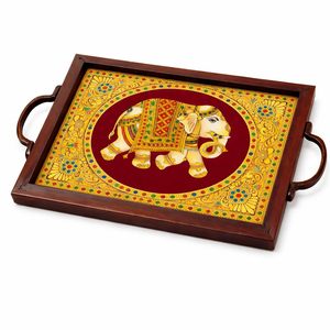 <b>Decorative</b> Tea & Snack Serving Wooden Tray with Handles <b>Elephant</b> Print <b>Decorative</b> Catering Portable Platter Eco Friendly Sell - Product Image 1