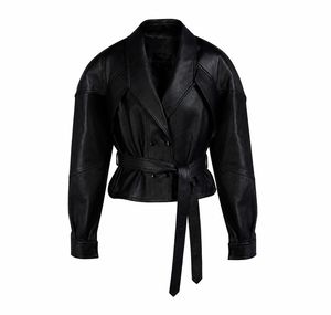 Veste en cuir d'agneau noir courte – Manteau ceinturé pour femme style streetwear - Product Image 1
