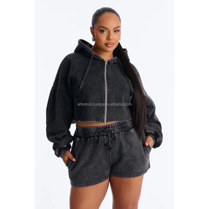 Conjunto de 2 Piezas para Mujer, Sudadera Corta con Capucha y Pantalones Cortos, Ropa Deportiva Informal de Felpa, Primavera Verano, Color Sólido, Cierre Frontal con Cremallera, Corte Regular - Product Image 3