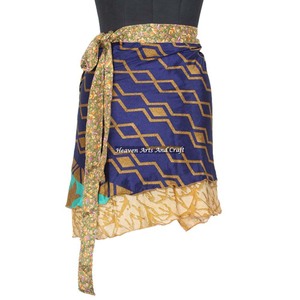Minifaldas Bohemias Indias, Vestido Multicolor Vintage, Minifalda de Seda Sari, Falda Cruzada Corta de Alta Calidad, Estilo Bohemio - Product Image 1