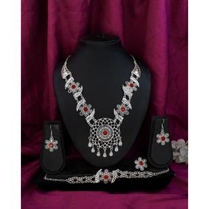 Ensemble de collier en argent plaqué de qualité supérieure avec boucles d'oreilles, bracelet et bague, design français, pierre rouge, bijoux artificiels pour femmes - Product Image 6
