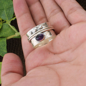 Wholesale Shree Jaipur Silver 925 Sterling Silver Amethyst Bezel Setting <b>Spinner</b> <b>Ring</b> Hammered Beaded Multi Band Gemstone <b>Ring</b> - Product Image 3