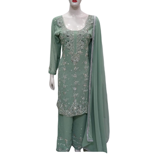 FAMUCAAS Mustard Yellow Hand Embroidered Georgette Indian/Pakistani Women's Dress Set V Neck Long Sleeve Plazo Kameez Dupatta - Product Image 3