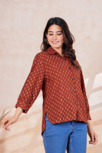 Women's <b>Rust</b> Red Geometric Floral Printed Relaxed Fit Cotton Collared Shirt <b>Top</b> - Product Image 4
