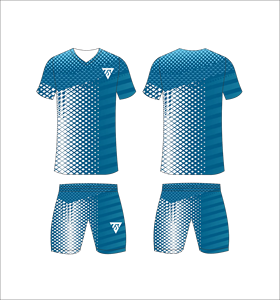 Ensemble de maillots de football personnalisés sublimés bleu jaune géométrique pour hommes, col en V, manches courtes, coupe athlétique anti-transpiration - Product Image 4