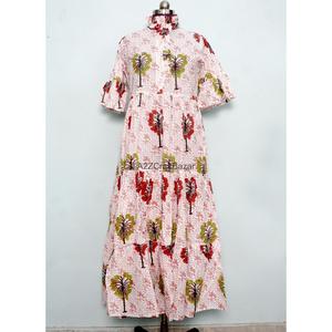 Vestido Maxi Casual Elegante al por Mayor para Mujer, de Algodón con Estampado Floral, Transpirable, para Uso Diario, Cuello en V, Manga Casquillo, Ajuste Holgado, Natural - Product Image 1