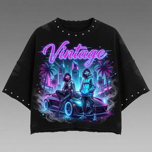 Latest Style Rhinestone Crop <b>Top</b> Streetwear Graphics Vintage T-Shirts O Neck Drop Shoulder Jersey <b>Batwing</b> Sleeve Tees Shirts - Product Image 1