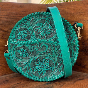 Célèbre marque populaire Turquoise usiné à la main en cuir rond bandoulière sac à main pour femmes en cuir véritable luxe Designer cantine sac - Product Image 2