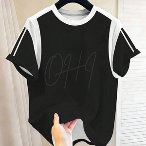 Camiseta de Algodón 100% para Hombre con Logotipo Personalizado, Paneles en Contraste Negros, OEM ODM, Corte Holgado Informal, Manga Corta, Cuello Redondo, Ecológica - Product Image 1