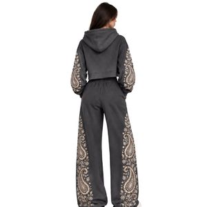 <b>Charcoal</b> Grey Womens Paisley Print Crop Hoodie Wide Leg Pants Two Piece Tracksuit Casual Streetwear Loose Fit <b>Jogger</b> Outfit Set - Product Image 3