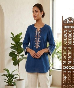 Robe Traditionnelle Indienne/Pakistanaise en Soie Bleue pour Femme, Longueur Genou, Séchage Rapide, Broderie, Tenue Décontractée, Toutes Saisons 86845 BLUESTAR- - Product Image 1