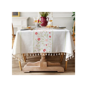 Nappe blanche à franges en coton texturé avec motif floral, taille personnalisée, nombre de fils élevé, pour événements en Inde, usage mondial - Product Image 1