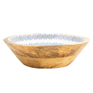 Tazón para Ensalada de Madera de Mango Ecológico Hecho a Mano con Incrustaciones de Esmalte Azul y Blanco, Tazón Redondo de Madera para Servir en Casa y Restaurantes - Product Image 1