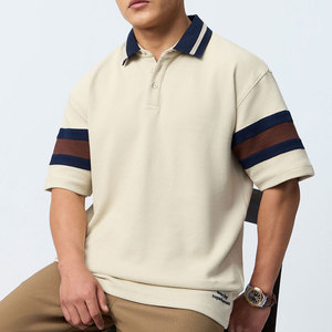 Men's Short Sleeve <b>Waffle</b> Knit Polo Shirt With Striped Cuffs And Collar Color <b>Blocked</b> Design Breathable Casual Style - Product Image 1